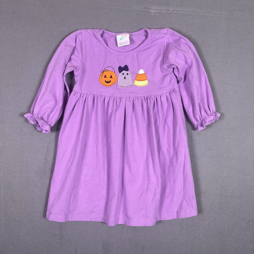 Stitchy Fish Halloween Ghost Pumpkin Dress Girls 3T Purple Long Sleeve A-Line